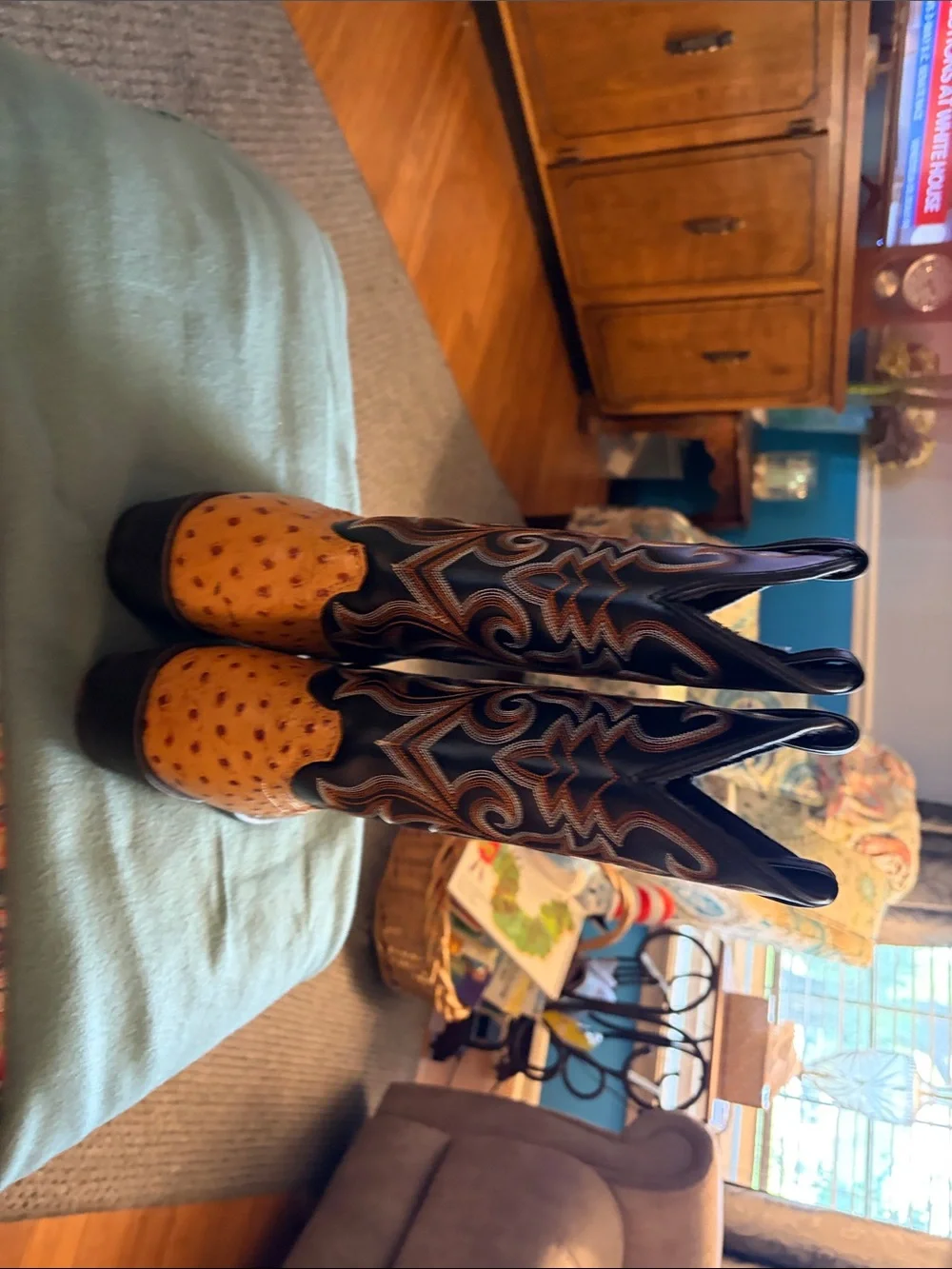 Western Ostrich-Print Leather Cowboy Boots in Tan & Black